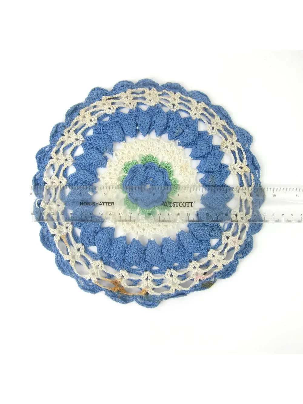 Vintage Rose Hot Plate Doily Blue Flower Cream Green 9.5